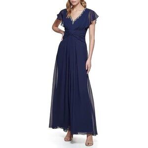 Eliza J Size 14 Navy Twist Waist Chiffon Flutter Sleeve Beaded V-Neck Dress